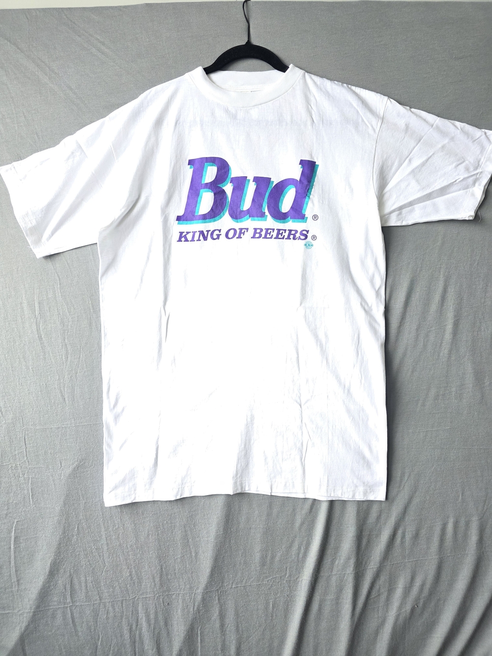 Vintage Bud King of Beers T-Shirt XL White Purple Teal Graphic Beer Tee 90s